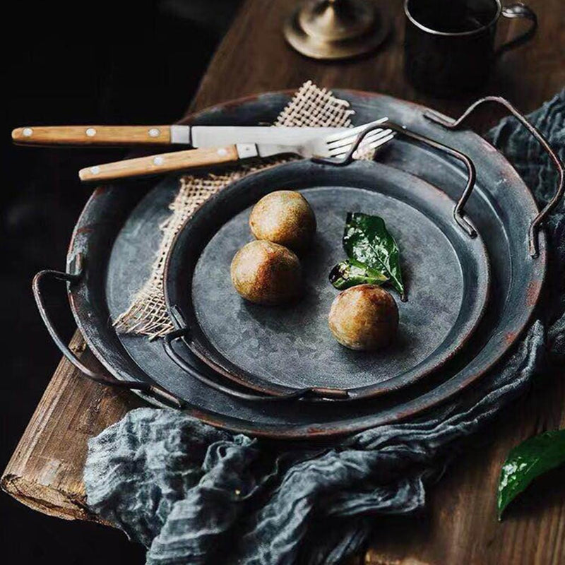 Rustic Round Metal Serving Tray