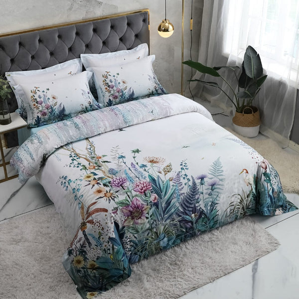 Flowers Print Duvet Cover Set Off White (Egyptian Cotton)
