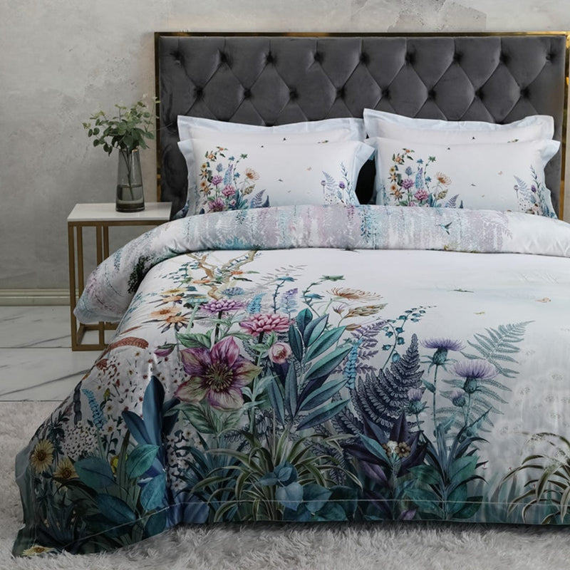 Flowers Print Duvet Cover Set Off White (Egyptian Cotton)