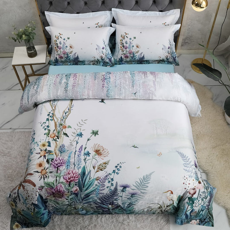 Flowers Print Duvet Cover Set Off White (Egyptian Cotton)