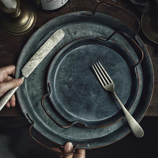 Rustic Round Metal Serving Tray