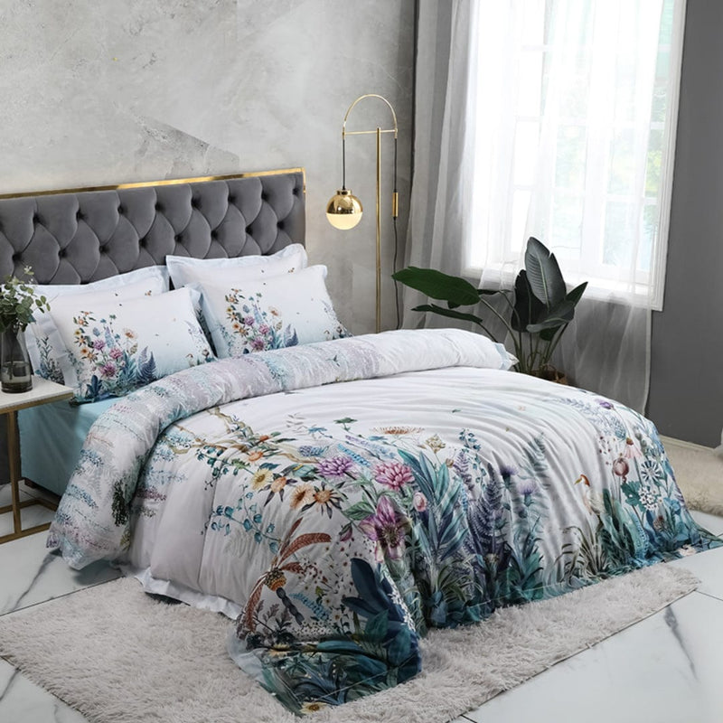 Flowers Print Duvet Cover Set Off White (Egyptian Cotton)