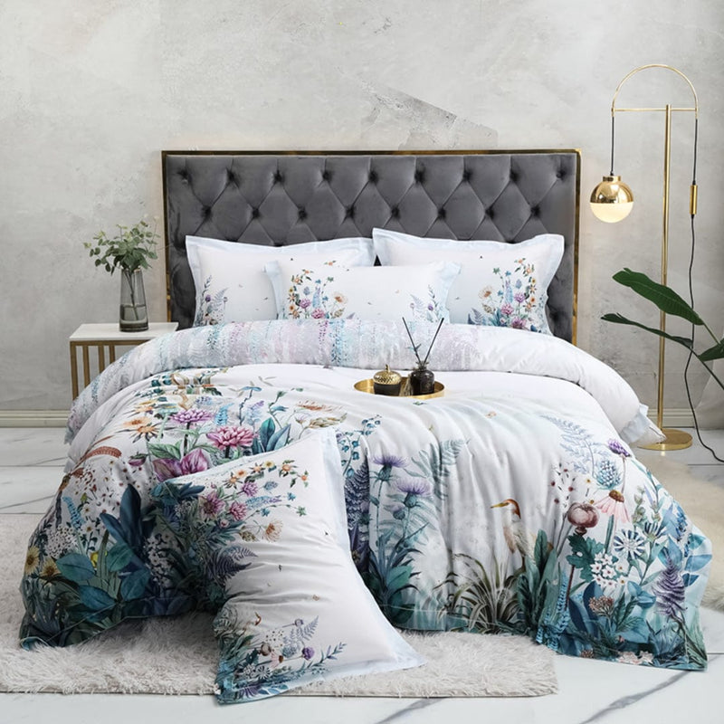 Flowers Print Duvet Cover Set Off White (Egyptian Cotton)