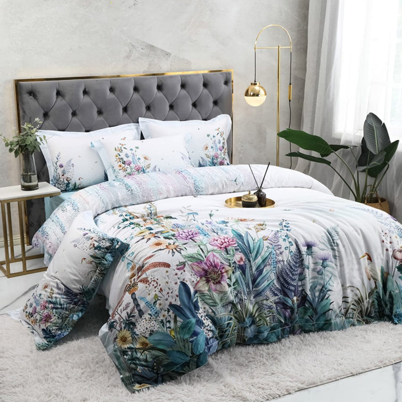 Flowers Print Duvet Cover Set Off White (Egyptian Cotton)