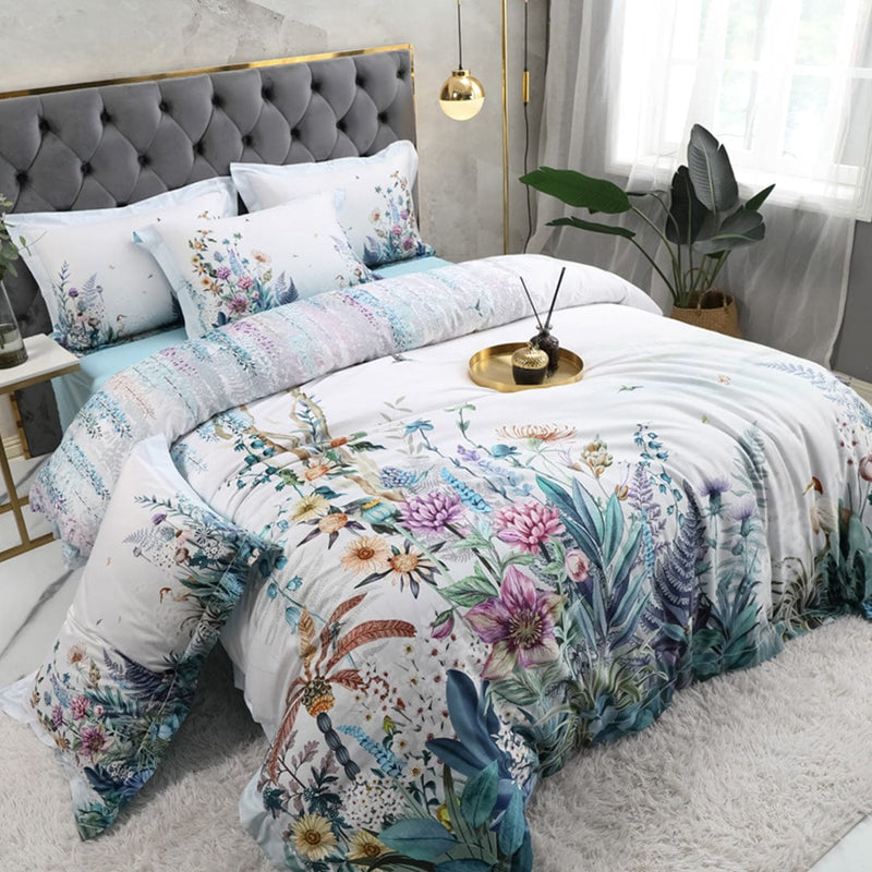 Flowers Print Duvet Cover Set Off White (Egyptian Cotton)