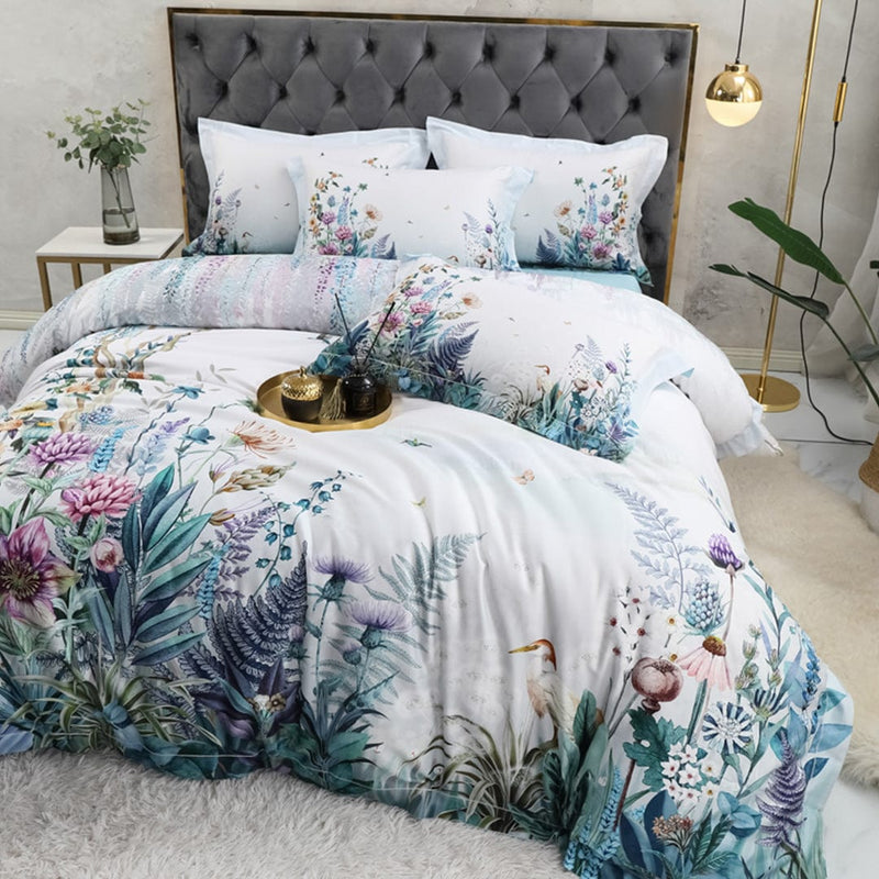 Flowers Print Duvet Cover Set Off White (Egyptian Cotton)