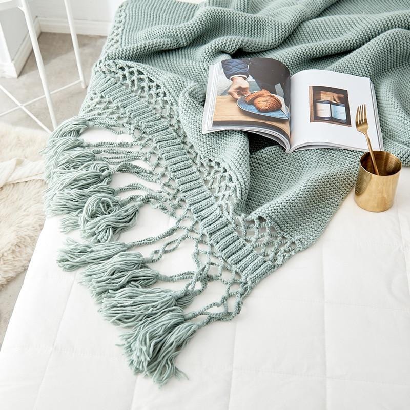 Hand Knitted Tassel Throw Blanket
